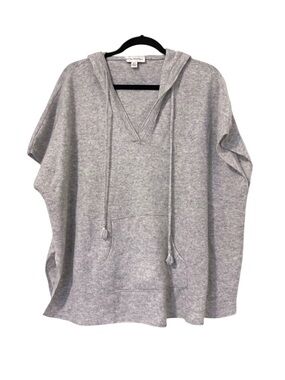White + Warren Hooded Short Sleeve Poncho Sweater Tassels Medium Large Gray